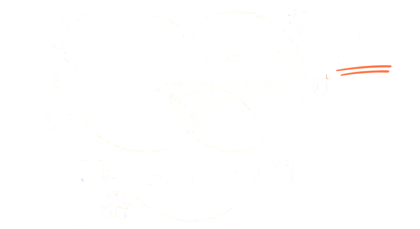 Hand-drawn Venn diagram of Sales, Technology and Operations, with an arrow pointing at the center overlap labeled: I work here